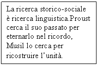 Text Box: La ricerca storico-sociale  ricerca linguistica.Proust cerca il suo passato per eternarlo nel ricordo, Musil lo cerca per ricostruire l'unit.